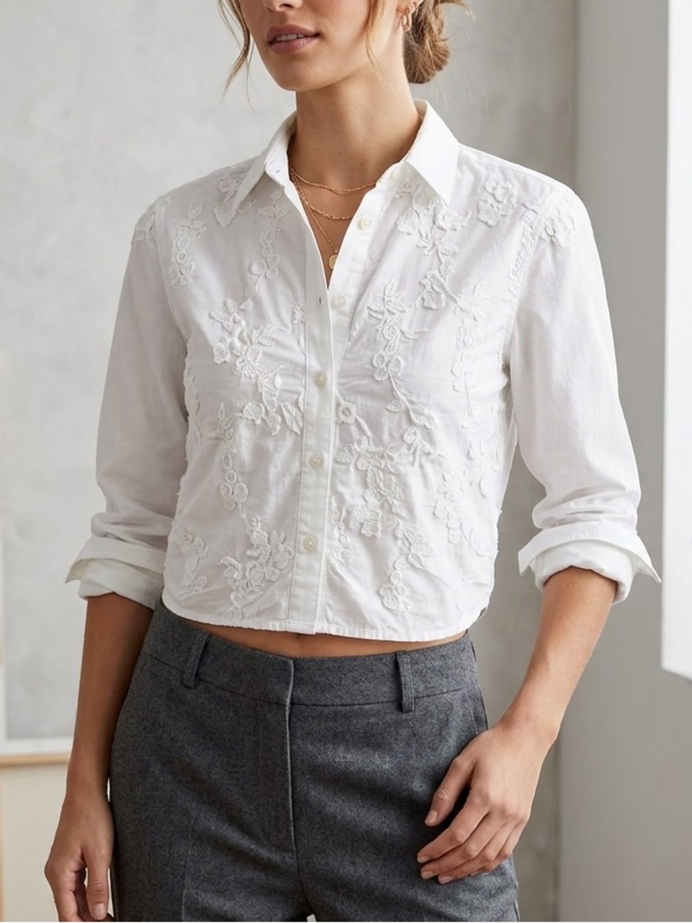 Gap White Floral Lace Embroidered Button Down Shirt Long Sleeve💛